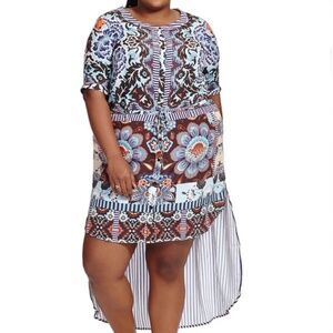 Dress 4X- Hemant & Nandita Extreme Hi-Low Floral Mosaic Sateen Boho Button Front